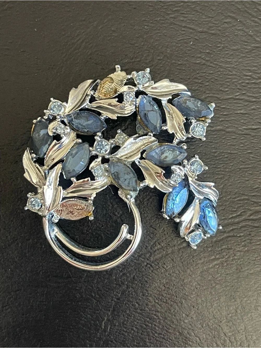 Vintage Sarah COV Silver-Tone Blue rhinestone Leaf Brooch and Clip-On Earrings